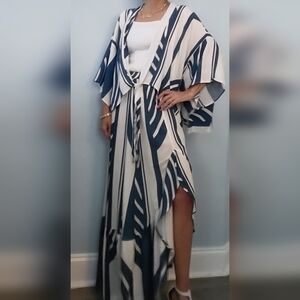NWT! Blue & White Striped Tie Blouse And Slit Skirt
